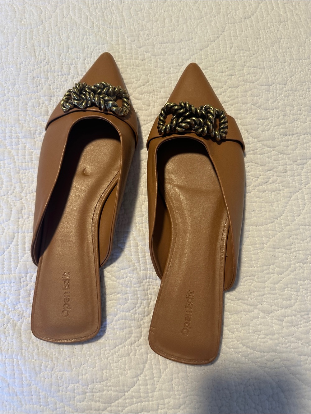 Braided Chain Detail Pointed Toe Tan Leather Mules